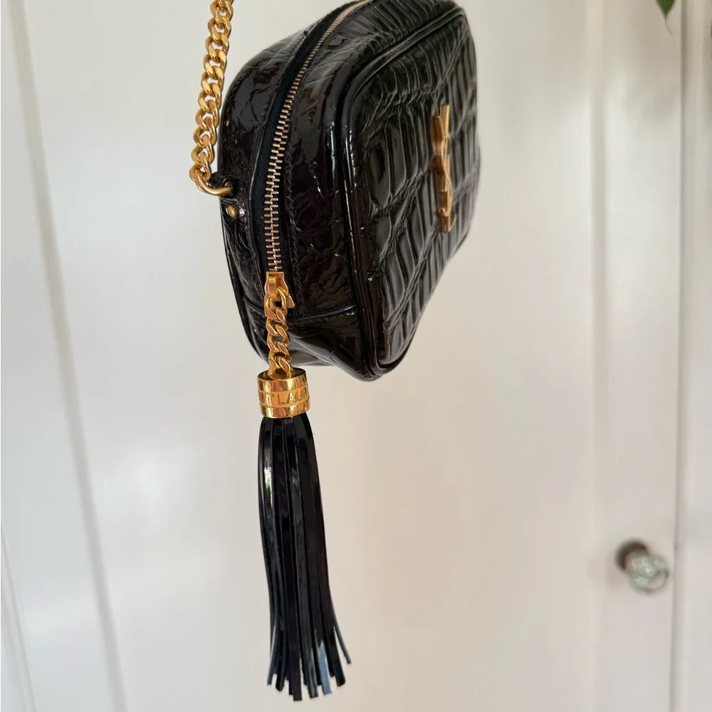Yves Saint Laurent Black Croc Embossed Mini Lou Camera Bag - Picture 6 of 7
